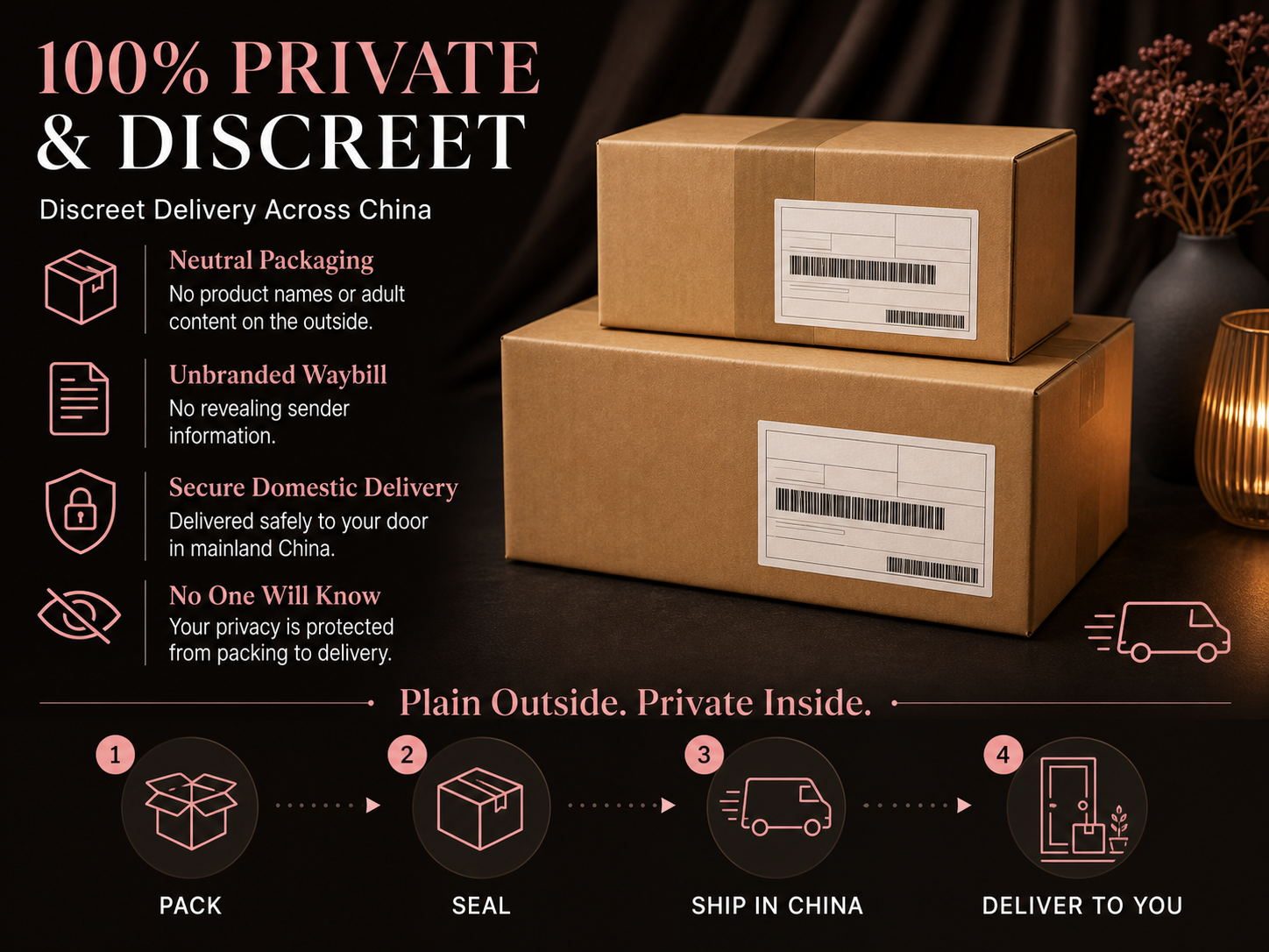 Discreet delivery across China in plain unbranded packaging